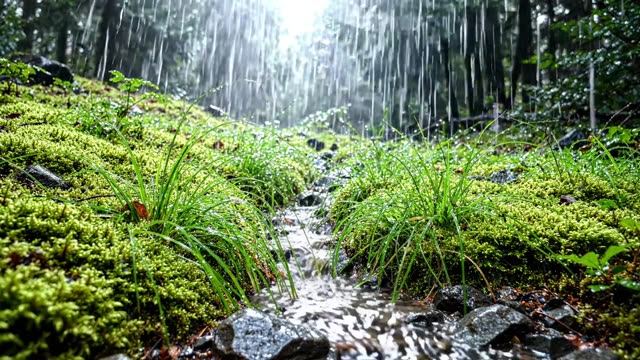 A narrow rill of water threading through short forest grass
