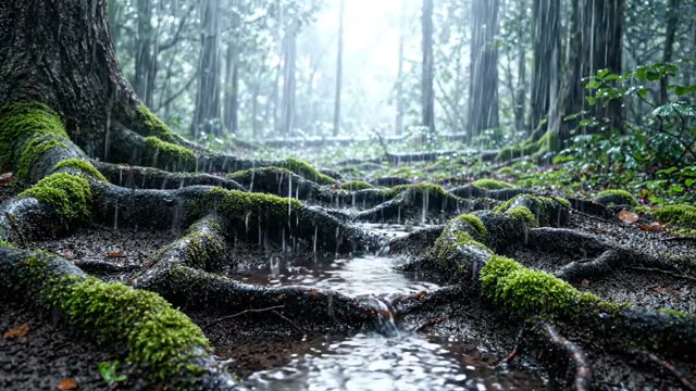 Thin water threading through tangled roots and dark soil