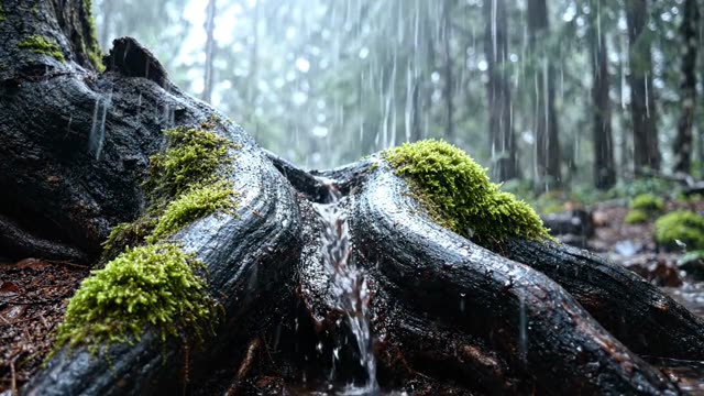 Water running between the fingers of an exposed tree root