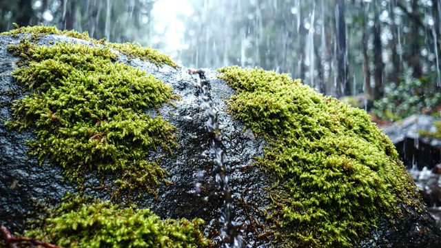 Water seeping slowly through a crack in a mossy boulder