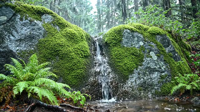 Water welling slowly from a mossy cleft in a rock face