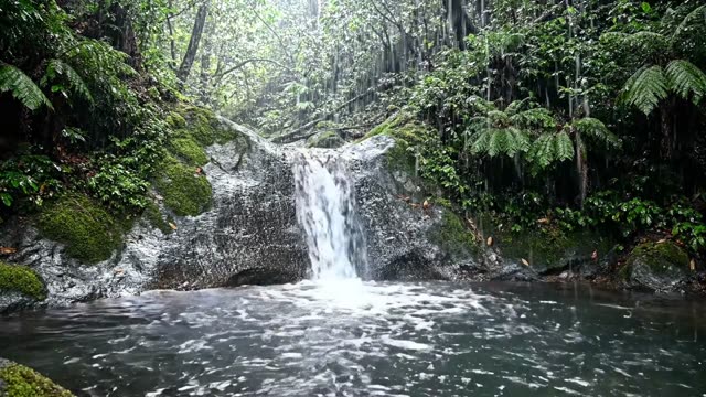 A thin forest waterfall plunging into a dark plunge pool