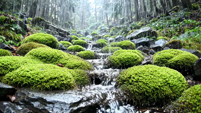 A chain of tiny waterfalls between cushions of moss