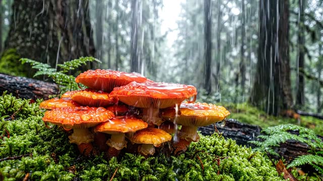 A bouquet of waxcap mushrooms in forest grass