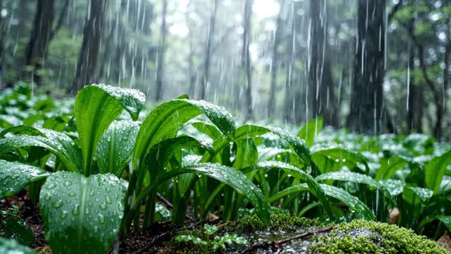 Wild garlic leaves channelling rain to drip points