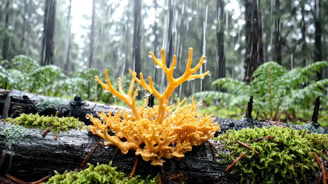 A colony of yellow stagshorn fungus on dark pine logs