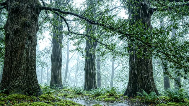 A stand of ancient yew trees shedding rain