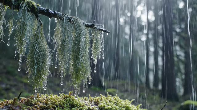 Water condensing on strands of old man's beard lichen
