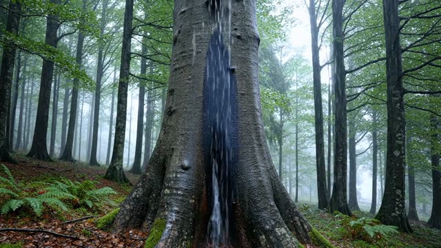 Rain on the smooth worn surface of a forest beech trunk