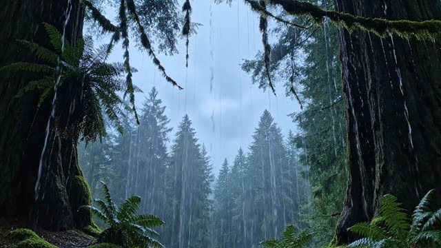 Grey sky glimpsed through a gap in the old-growth canopy