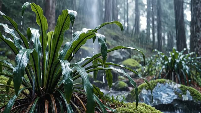 Rain on a bank of dark lush hart's tongue ferns