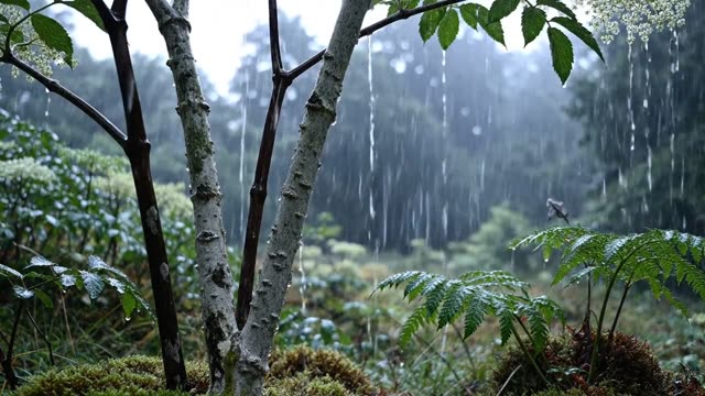 The smooth pale bark of a silver birch in rain (2)