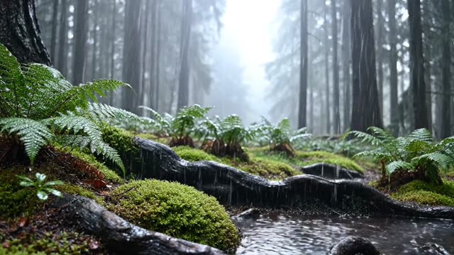 A dark moss forest interior dripping in persistent rain