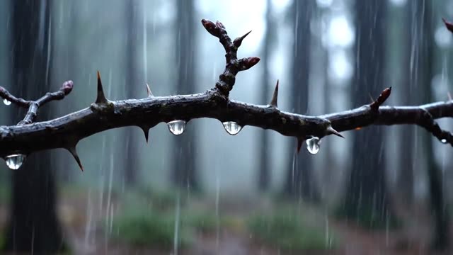 A twisted hawthorn branch with drops along its thorns