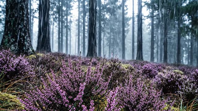 A low carpet of heather at the dark forest margin