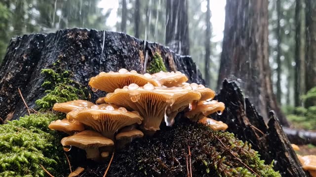 A cluster of honey fungus at the base of an old stump