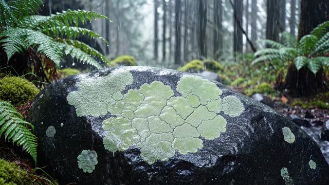 Crust lichen spreading across a dark wet boulder