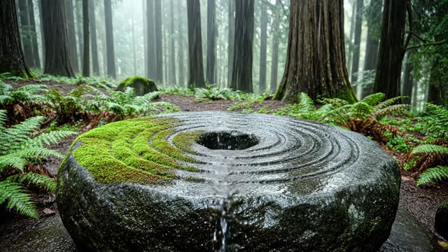 An ancient millstone half-consumed by forest moss
