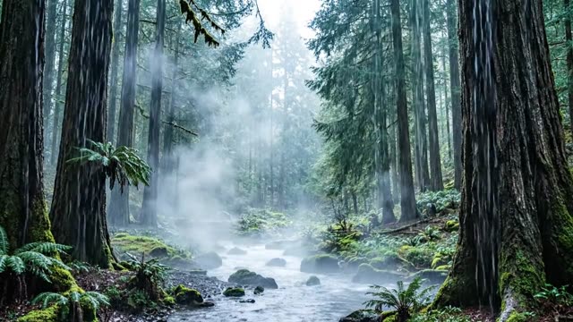 A dark gorge forest in heavy rain with rising steam