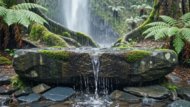 A mossy stone drinking trough overflowing in rain
