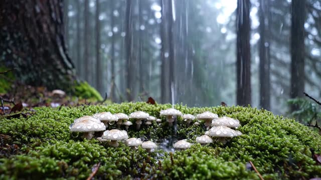 A ring of tiny white mushrooms in dark forest moss