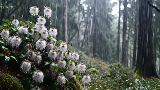 Old man's beard clematis draped on dark forest shrubs