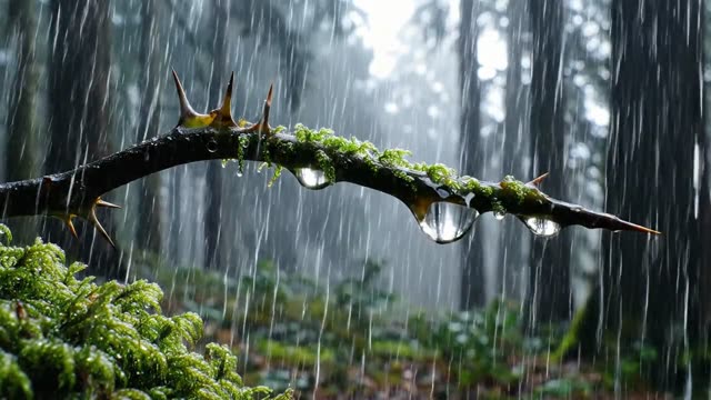 A raindrop sliding along the curve of a bramble thorn
