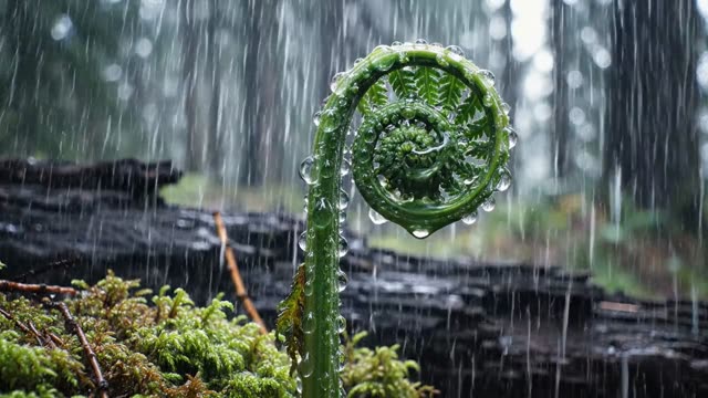 A rolled fern crozier jewelled with rain drops