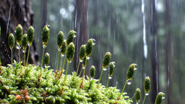 A cluster of moss spore capsules in steady rain