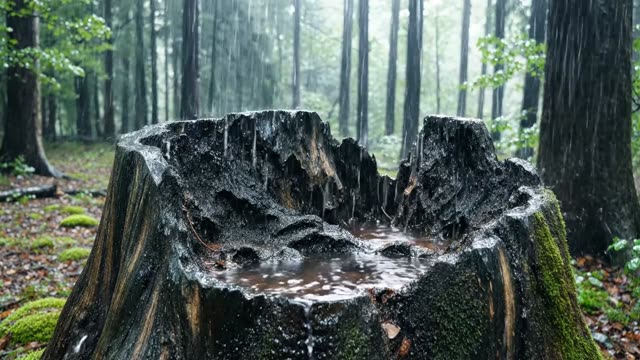 An ancient yew stump pitted with decades of decay in rain