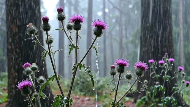 Tall thistles with drops running down spined heads