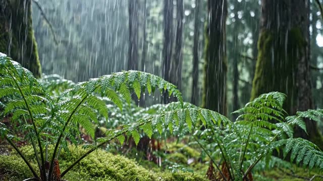 A stand of young bracken ferns bowing in heavy rain