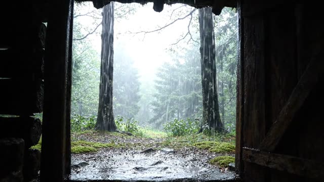 A forest seen from inside a shepherd's hut doorway in rain