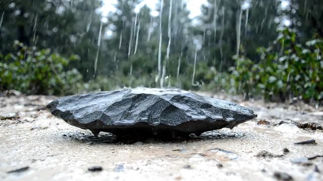 Rain on the surface of a dark flint in a forest chalk clearing