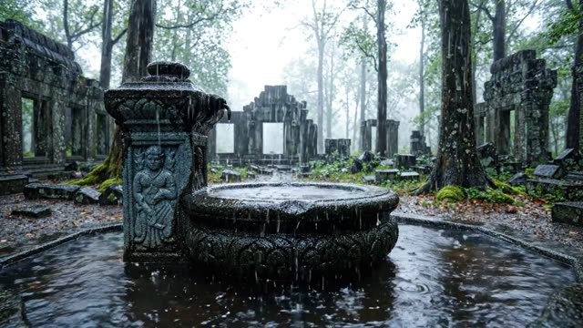 A stone font filled with dark rainwater in a forest ruin