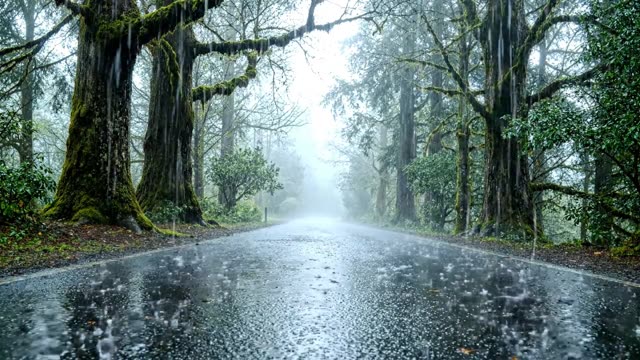 A forest road receding into grey rain and mist