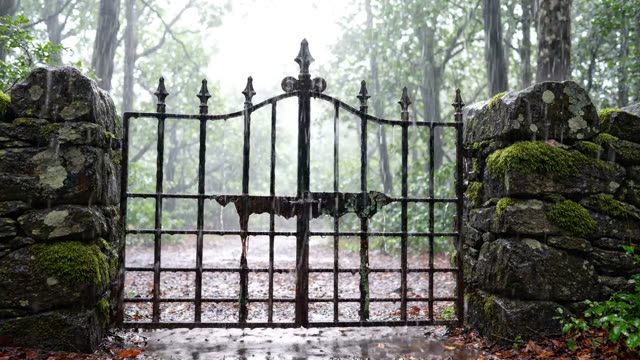 An old iron gate in a forest wall black with rain