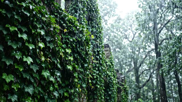 Rain on a wall of old ivy consuming a forest building