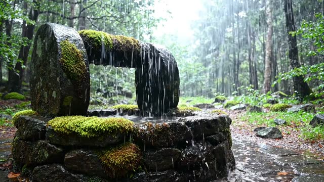 A mossy stone wellhead in a forest clearing in rain