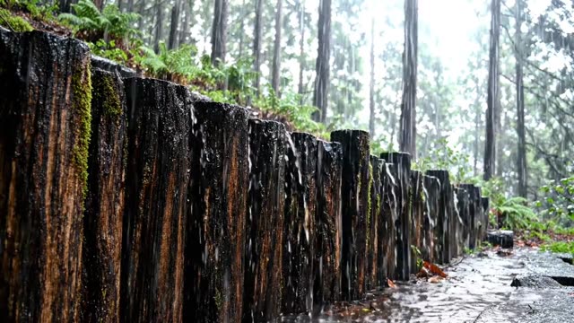 Rain on a timber retaining wall of an old forest terrace