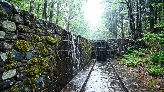 Rain on the face of an old forest watermill wall