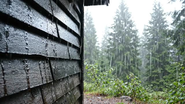 Rain on the surface of a wooden forest hide