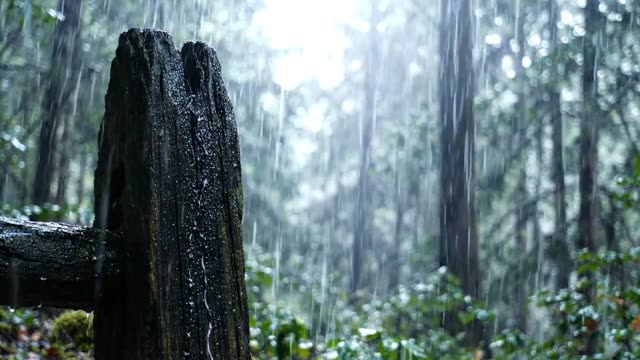 A rough wooden fence post dark and glistening in rain