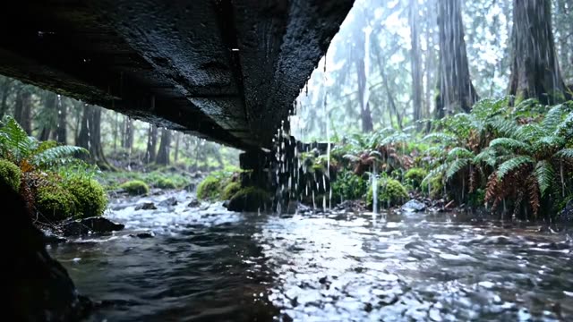 The dark underside of a low wooden footbridge with drips
