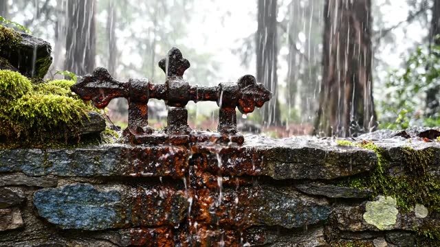 A rusted iron hinge on a wet stone wall in rain
