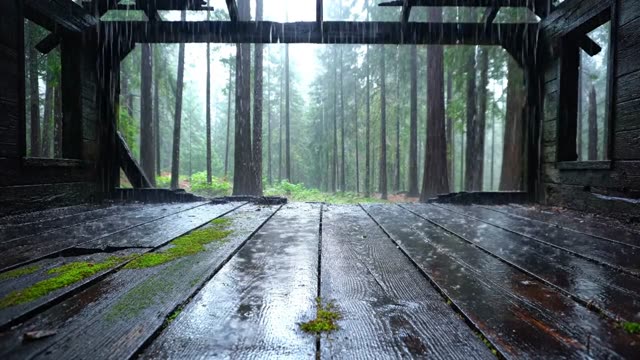 Rain on the surface of an ancient oak wood floor