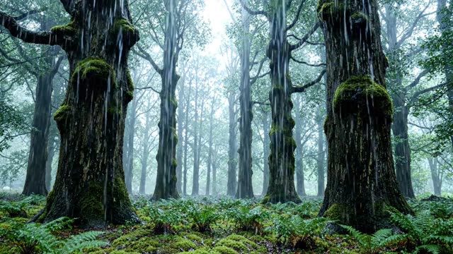 A dark yew forest interior in heavy rain