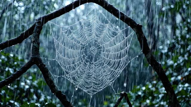 A triangular web between dark branch forks laden with drops