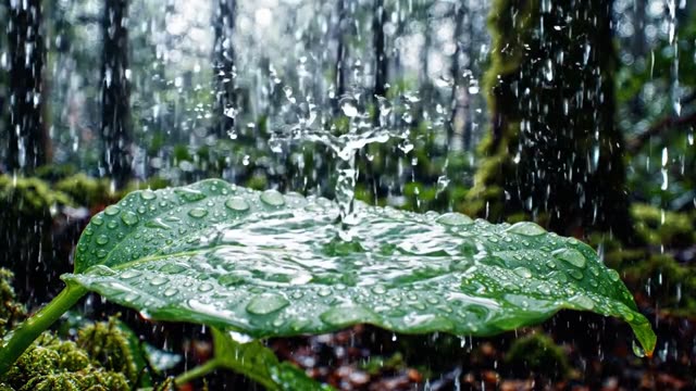 A raindrop crown explosion on a broad wet leaf in slow motion