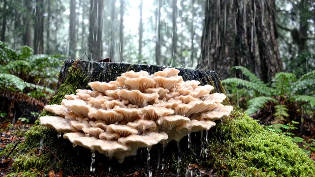 A cluster of cauliflower fungus at an old tree base in rain